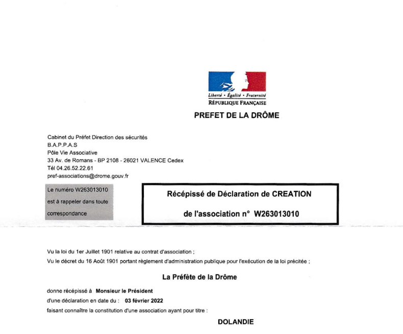Certificat de parution au JO de l'association Dolandie